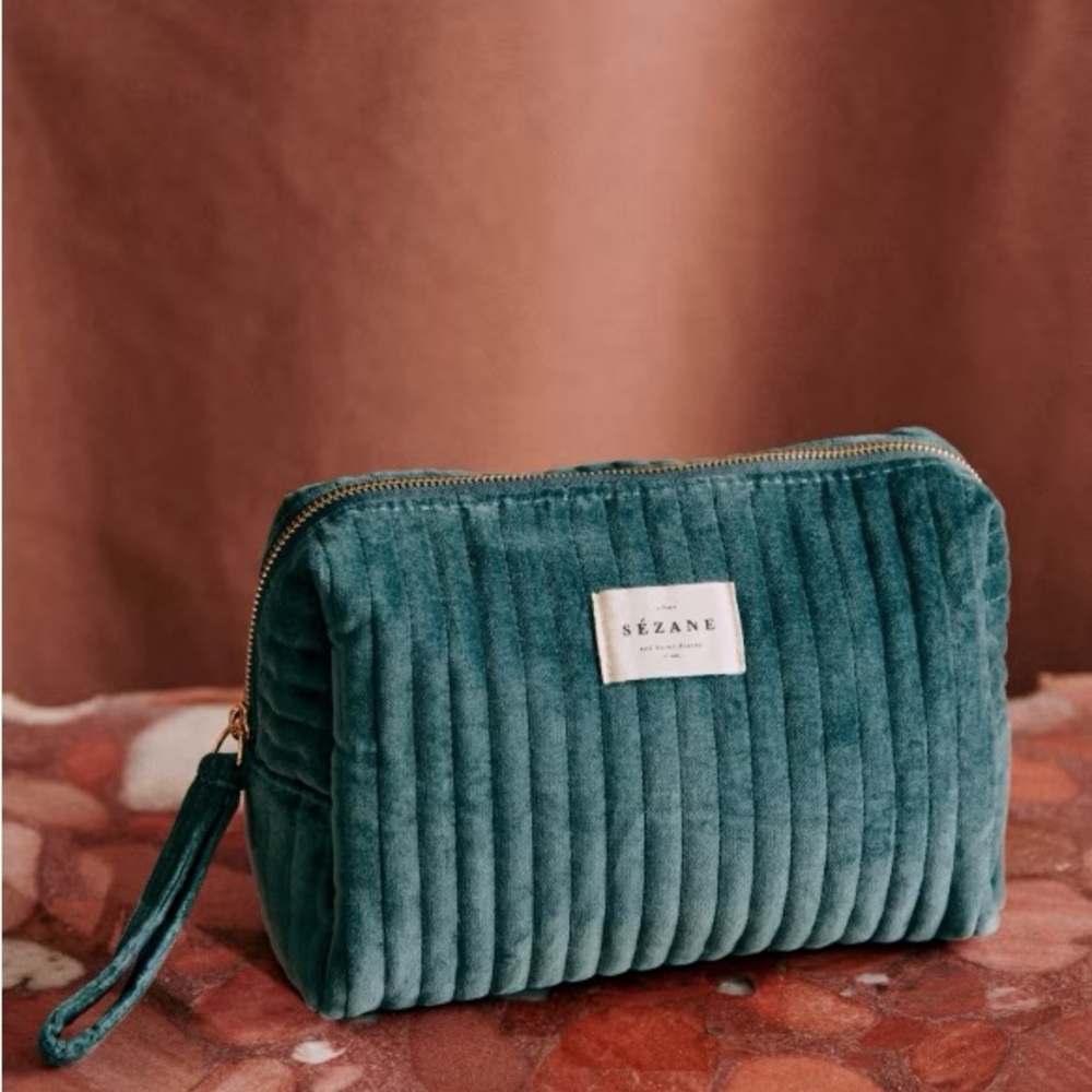 Sézane Celadon Quilted Velvet Toiletry Bag